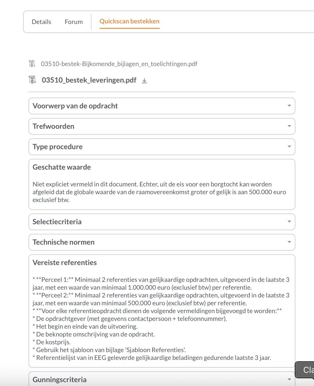 Quickscan-Zusammenfassung einer Leistungsbeschreibung